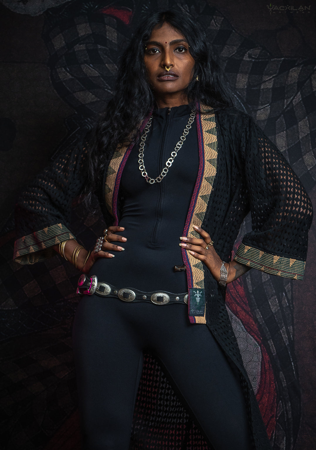 Open Kimono / Net Jaquard Border - Black NAGALAND